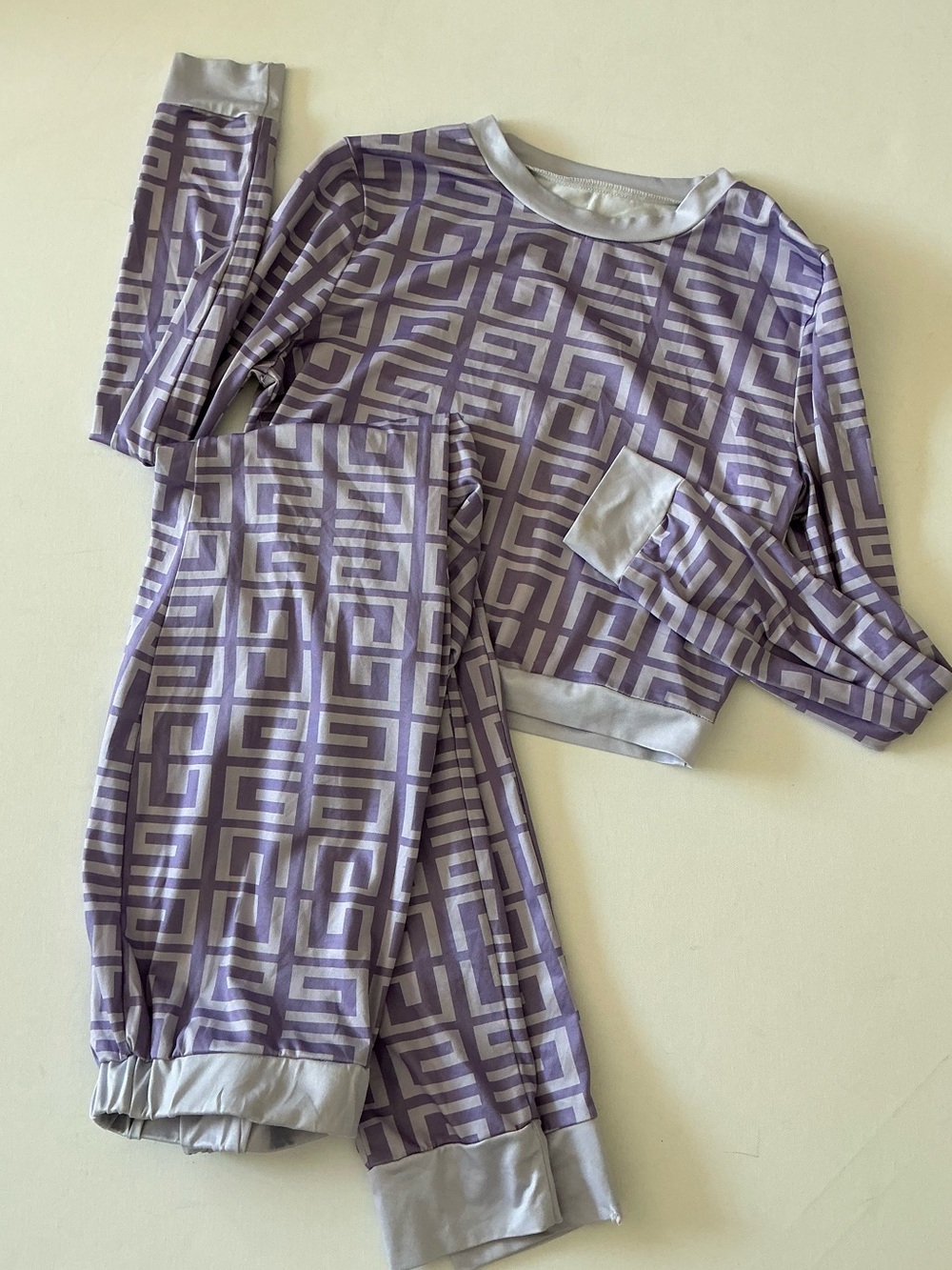 Vintage Purple Geometric Print Two-Piece Lounge Set Crop Top Pants Women’s Small